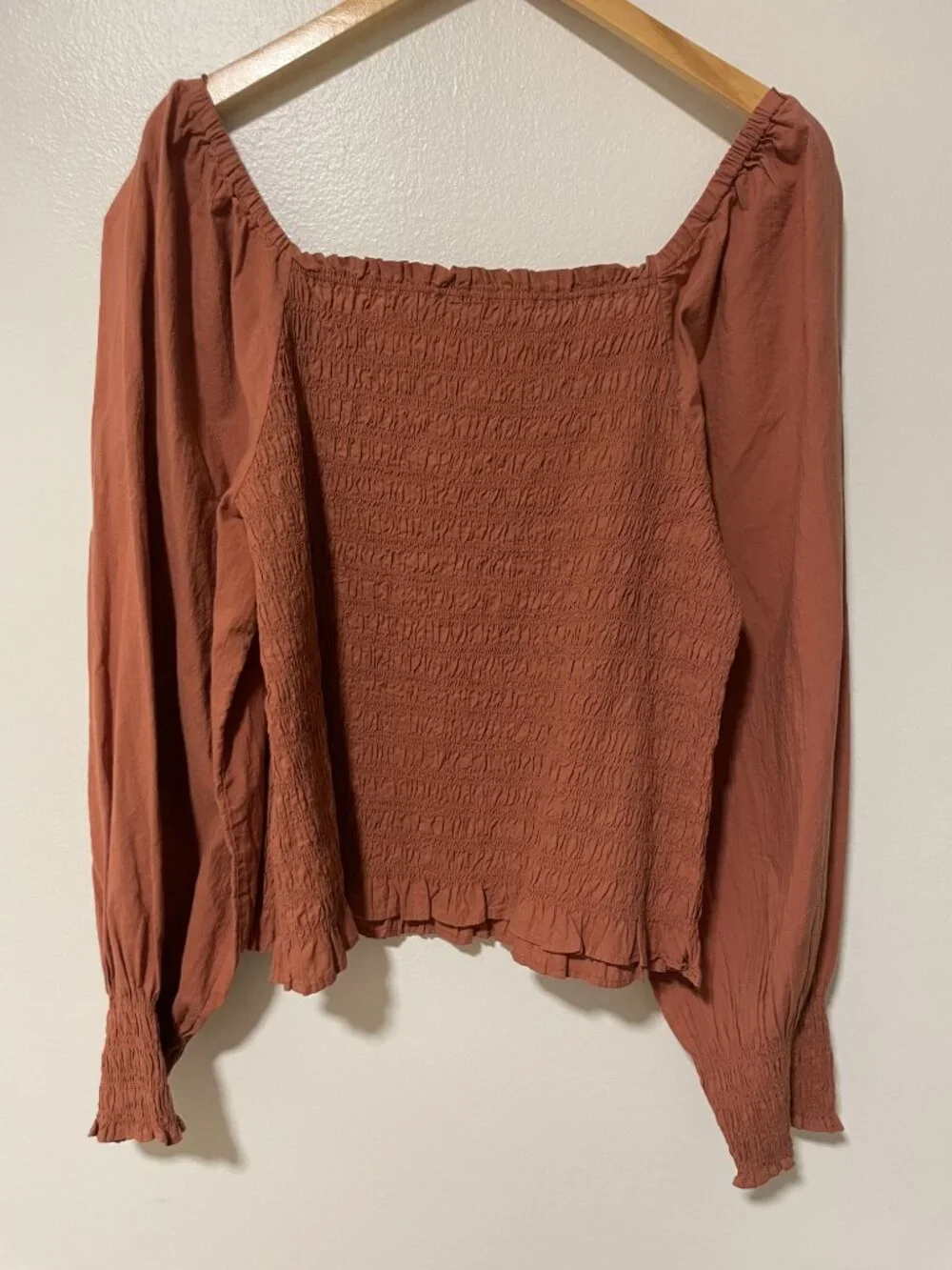 Madewell Lucie Smocked‎ Top Long Puff Sleeve Square Neck Size XL Warm Terracotta